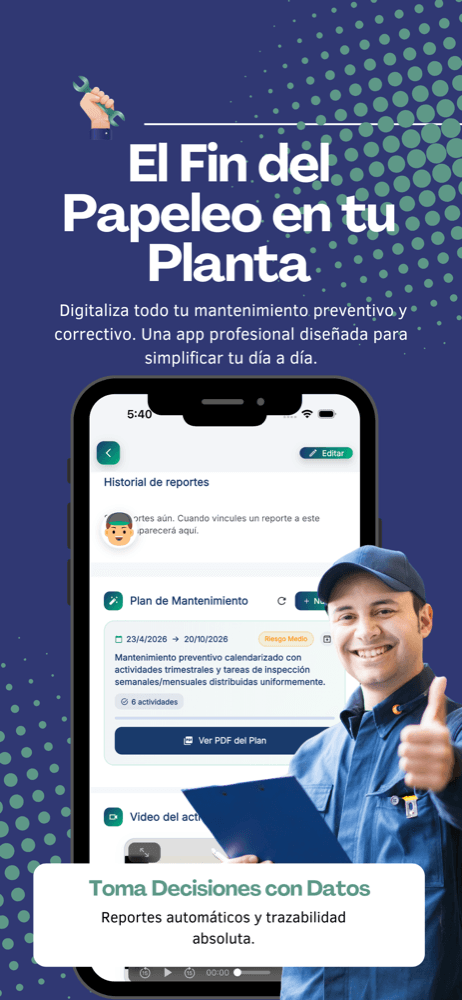 Historial de reportes y plan de mantenimiento con PDF en ManteniClic